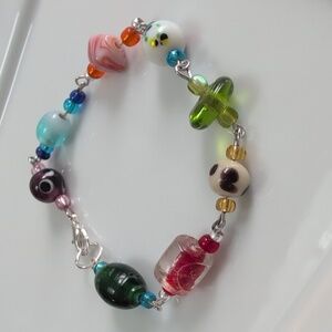 Handmade Blown Glass Colorful Beaded Lampwork Bracelet 7" (Adjustable Size)